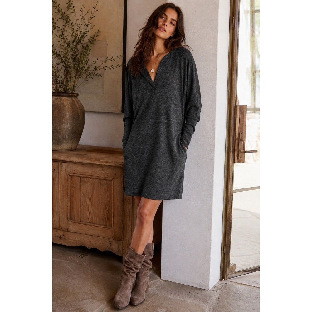 Lilla P Small Heather Gray Knit Midi Dress Dolman Sleeve Pockets Stretch